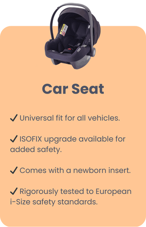Universal car seat with ISOFIX upgrade option, newborn insert, and tested to European i-Size safety standards.