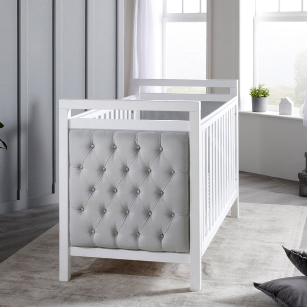 Velvet Deluxe Cot Bed - White | Luxurious White Velvet, Converts to Toddler Bed babymore