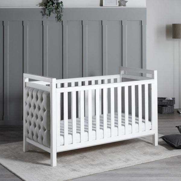 Velvet Deluxe Cot Bed - White | Luxurious White Velvet, Converts to Toddler Bed babymore
