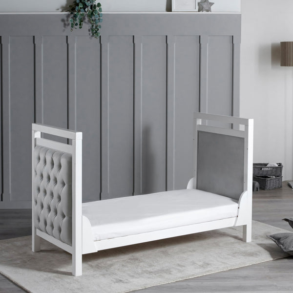 Velvet Deluxe Cot Bed - White | Luxurious White Velvet, Converts to Toddler Bed babymore