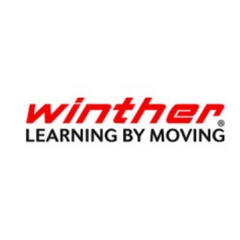 Winther logo with the tagline 'Learning by Moving,' symbolizing quality active play equipment available at Little Gliders.