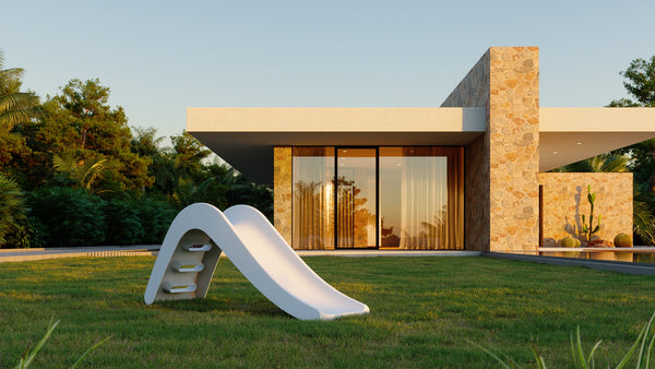 Jupiduu white outdoor slide in modern garden – luxury play equipment for toddlers