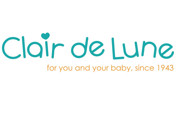 Clair de Lune logo with heart-shaped dot above the letter ‘i’, showcasing the trusted British baby bedding brand’s tagline “for you and your baby, since 1943”; image represents timeless, family-loved nursery products stocked by Little Gliders