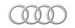 Audi logo with four interlinked rings and red Audi text – official emblem used on licensed Baghera ride-on cars, representing precision German engineering and luxury for kids’ toys