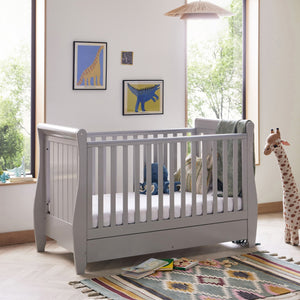 Babymore Stella Sleigh Drop Side Cot Bed with Drawer | Elegant, Convertible & Practical | White or Grey - Little Gliders