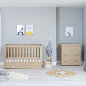 Babymore Veni 2 Piece Nursery Room Set | Oak Cot Bed with Optional Drawer & Chest Changer - Little Gliders