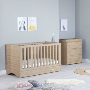 Babymore Veni 2 Piece Nursery Room Set | Oak Cot Bed with Optional Drawer & Chest Changer - Little Gliders