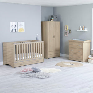 Babymore Veni 3 Piece Nursery Set | Oak Cot Bed with Optional Drawer, Chest Changer & Wardrobe - Little Gliders