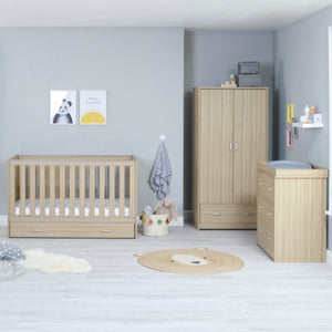 Babymore Veni 3 Piece Nursery Set | Oak Cot Bed with Optional Drawer, Chest Changer & Wardrobe - Little Gliders