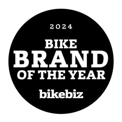 Black and white BikeBiz 2024 Bike Brand of the Year award badge, celebrating Squish Bikes as a leading children’s bike brand in the UK