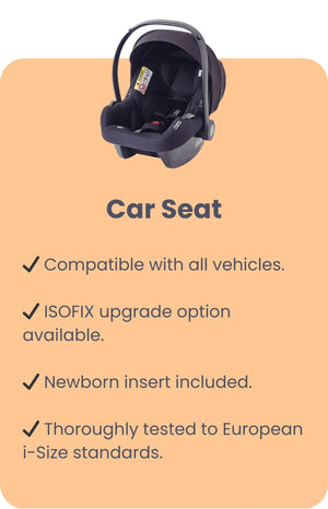 A car seat compatible with all vehicle models, featuring an ISOFIX upgrade option for added safety. Includes a newborn insert and has been thoroughly tested to European i-Size safety standards.
