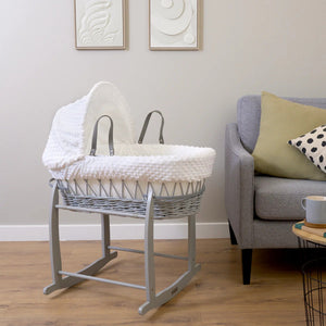 Clair de Lune Dimple Grey Wicker Moses Basket – Soft & Breathable | Ages 0-9M clair de lune White With Deluxe Rocking Stand