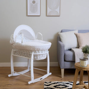 Clair de Lune Dimple White Wicker Moses Basket – Soft & Breathable | Ages 0-9M clair de lune White With Deluxe Rocking Stand