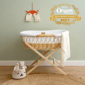 Clair de Lune Organic Natural Wicker Moses Basket – Sustainable & Breathable | Ages 0-9M clair de lune White With Folding Stand