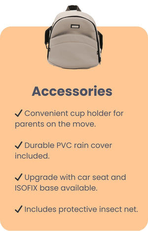 Stylish beige backpack with cup holder, included durable PVC rain cover, and protective insect net, designed for parents on the go with ISOFIX base and car seat upgrade option.