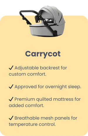 Grey carrycot with adjustable backrest and premium quilted mattress, suitable for overnight sleep, offering breathable mesh panels for temperature control.