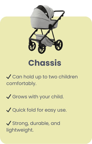 Lightweight and durable pushchair chassis that can hold up to two children, featuring easy folding for convenient storage and strong materials for all-terrain use.