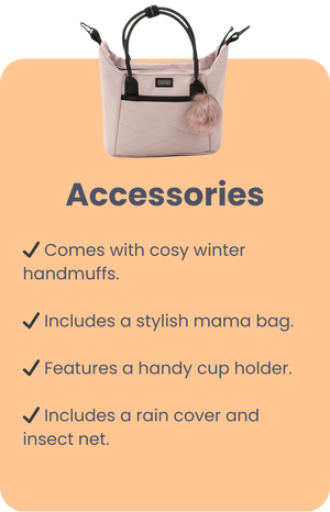 Mee-go Quantum 2-in-1 accessories include cosy winter handmuffs, stylish mama bag, cup holder, rain cover, and insect net.