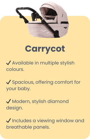 Mee-go Quantum 2-in-1 carrycot available in multiple stylish colours, with a modern diamond design and breathable panels.