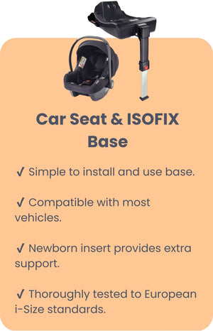 A car seat and ISOFIX base system, designed for easy installation and compatibility with most vehicles. Includes a newborn insert for additional support and is thoroughly tested to European i-Size standards for safety.