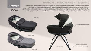 Mee-go Uno+ carrycot in Abstract Black, Dusty Rose, and Pearl Grey. Approved for overnight sleeping, features a breathable mesh, quilted cotton lining, and adjustable feet for gentle rocking.