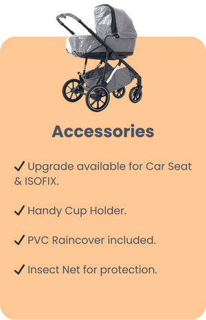 Mee-go Uno+ Pushchair Accessories: Cup Holder, Rain Cover, Insect Net with ISOFIX Upgrade Option