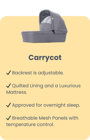 Mee-go Uno+ Pushchair Carrycot with Adjustable Backrest, Quilted Lining, and Mesh Panels for Temperature Control