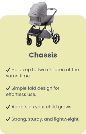 Mee-go Uno+ Pushchair Chassis Holds Two Children, Foldable and Lightweight Design for Growing Families