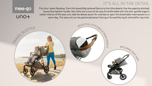 Mee-go Uno+ pushchair featuring travel-friendly mesh panels and beautifully quilted cotton interior. Perfect for a stylish day out with your child.