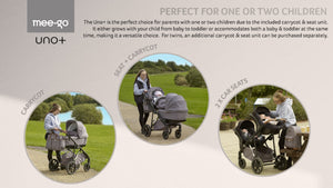 Mee-go Uno+ pushchair with carrycot and seat unit. Versatile for one or two children with additional car seats. Ideal for growing families.
