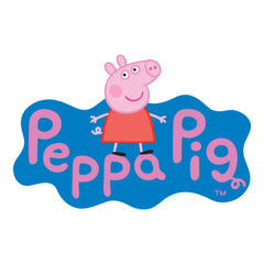 Peppa Pig logo with Peppa standing on a blue splash background, representing the beloved children's TV character and toy range for toddlers in the UK