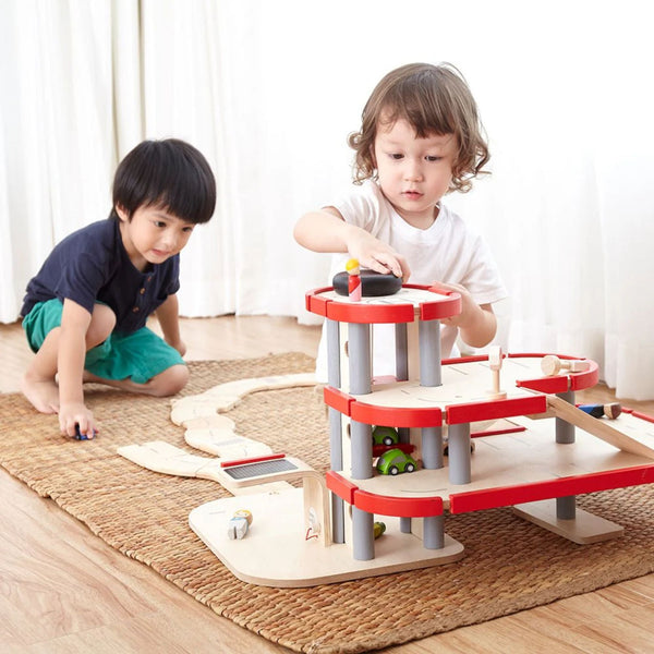 PlanToys Wooden Parking Garage – 3-Storey Eco Car Park Playset | Ages 3+ Wooden Toy PlanToys
