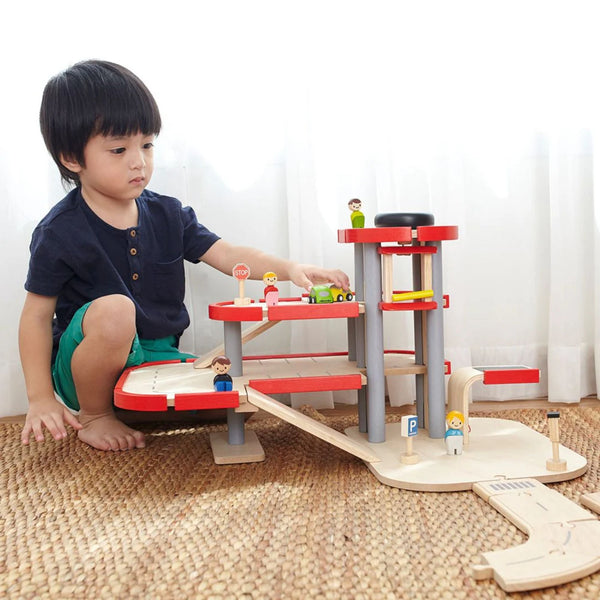 PlanToys Wooden Parking Garage – 3-Storey Eco Car Park Playset | Ages 3+ Wooden Toy PlanToys