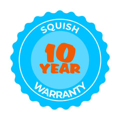Blue and orange Squish Bikes 10-year warranty seal, highlighting long-lasting quality and durability for children's bikes in the UK