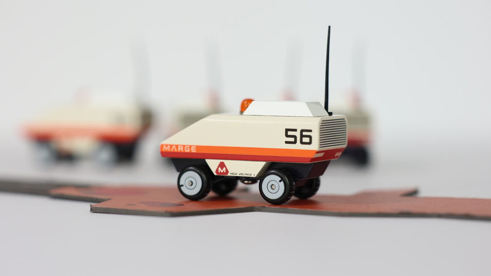Video of Candylab MARGE Dark Depths Play Set – futuristic wooden Mars vehicles and road tracks for kids' imaginative play