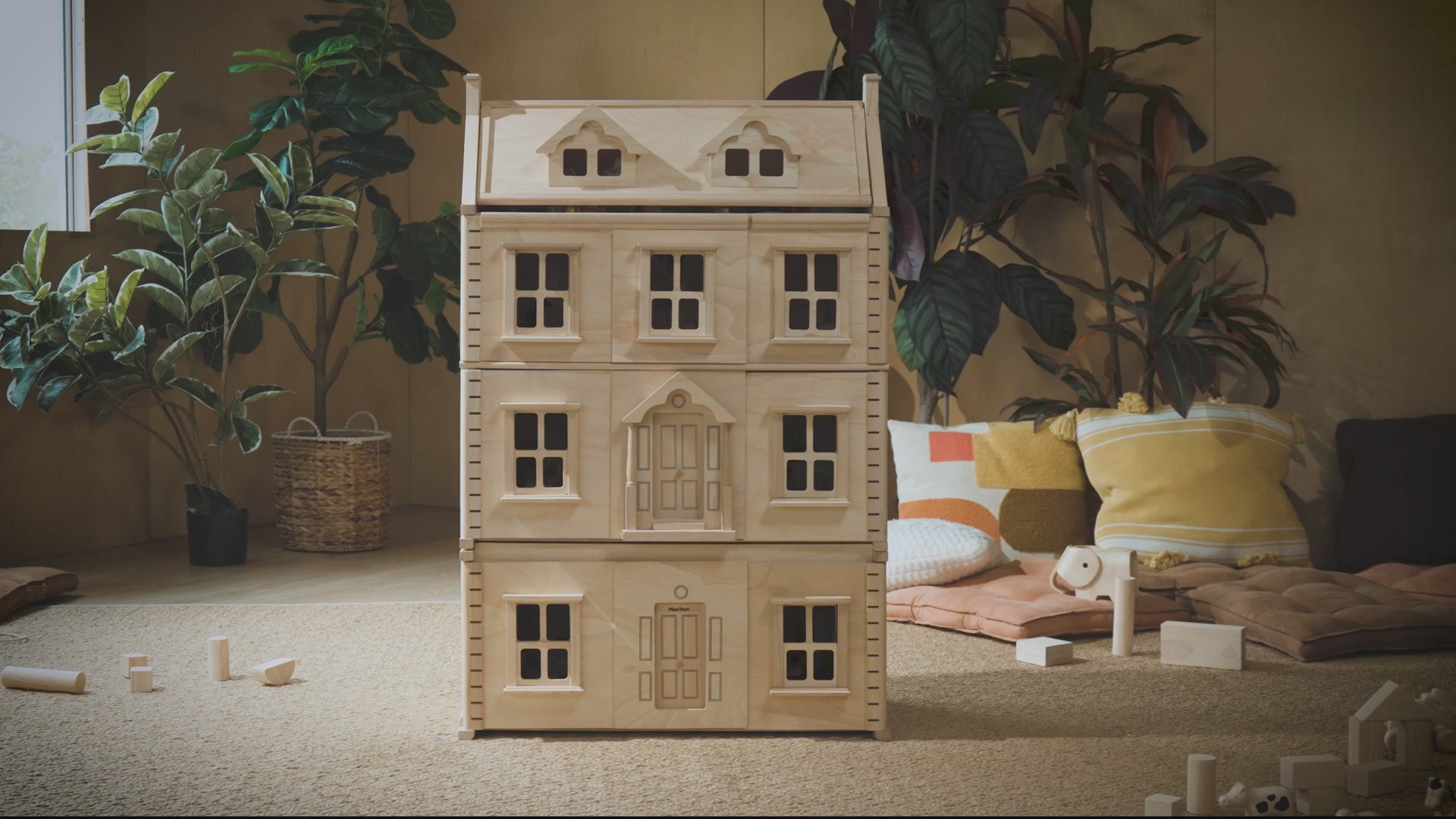 Hero video of PlanToys Victorian Dollhouse – elegant wooden dollhouse with classic architectural details, sustainably crafted for imaginative play for children aged 3 and up