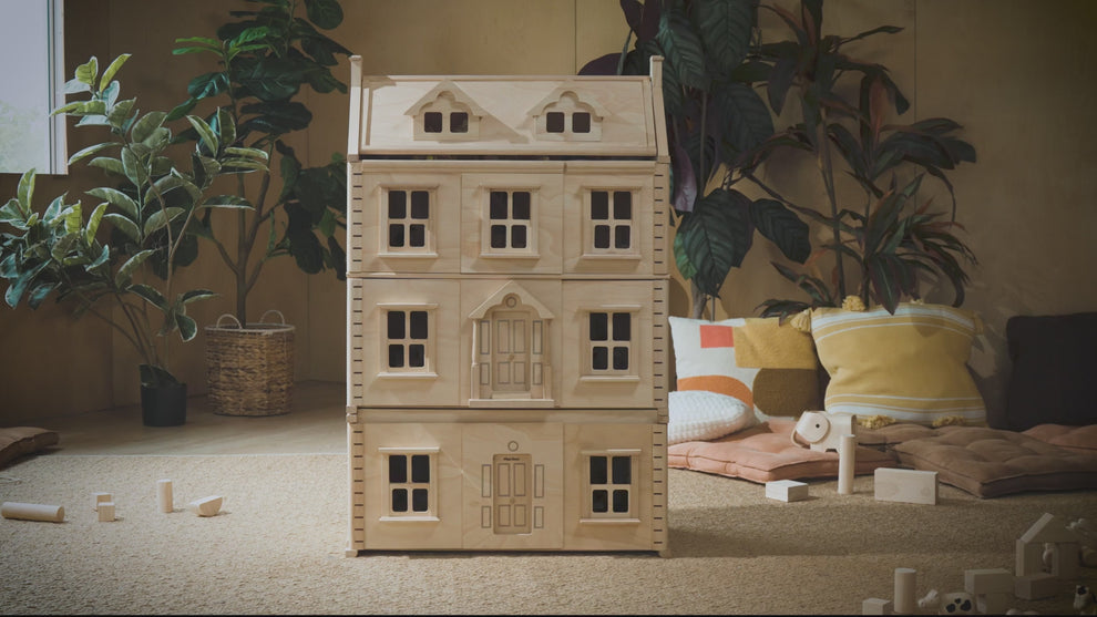 Hero video of PlanToys Victorian Dollhouse – elegant wooden dollhouse with classic architectural details, sustainably crafted for imaginative play for children aged 3 and up